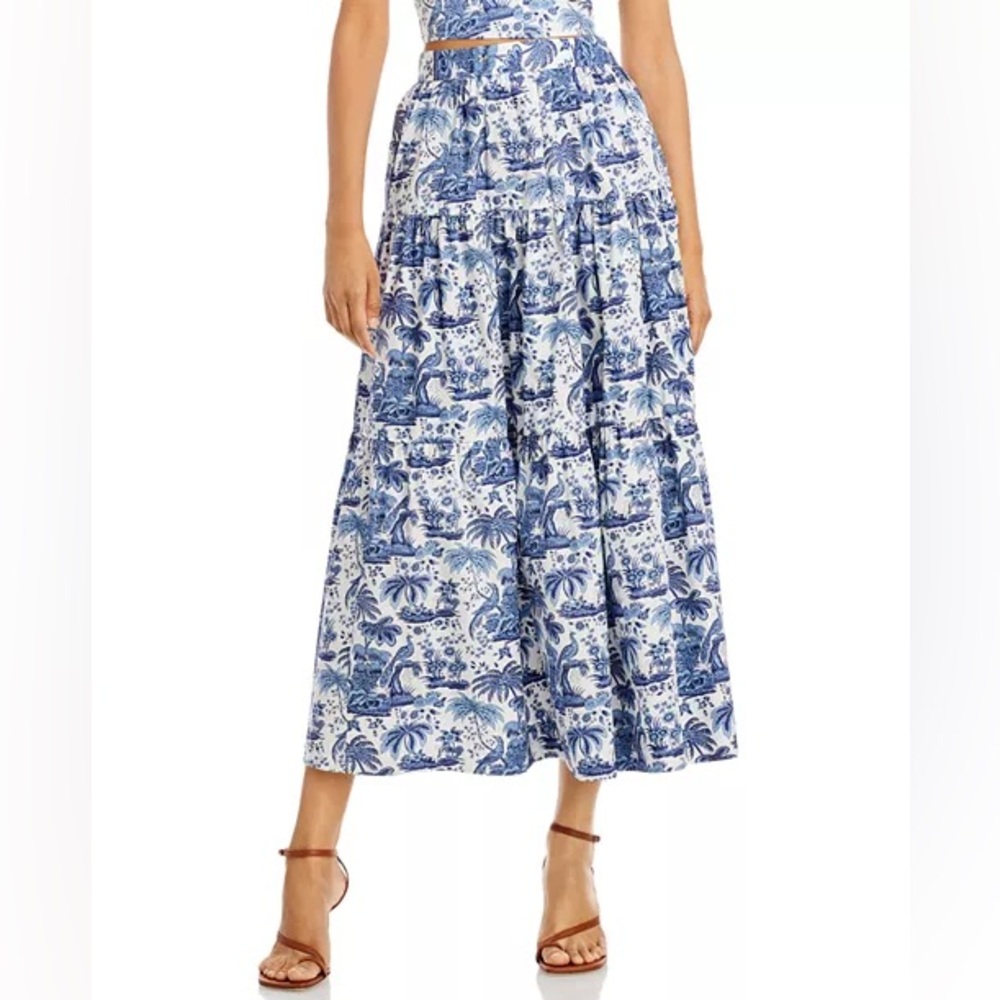 STAUD Blue Toile Sea Cotton Tiered Maxi Skirt Tropical Resort Style Print XS, 0